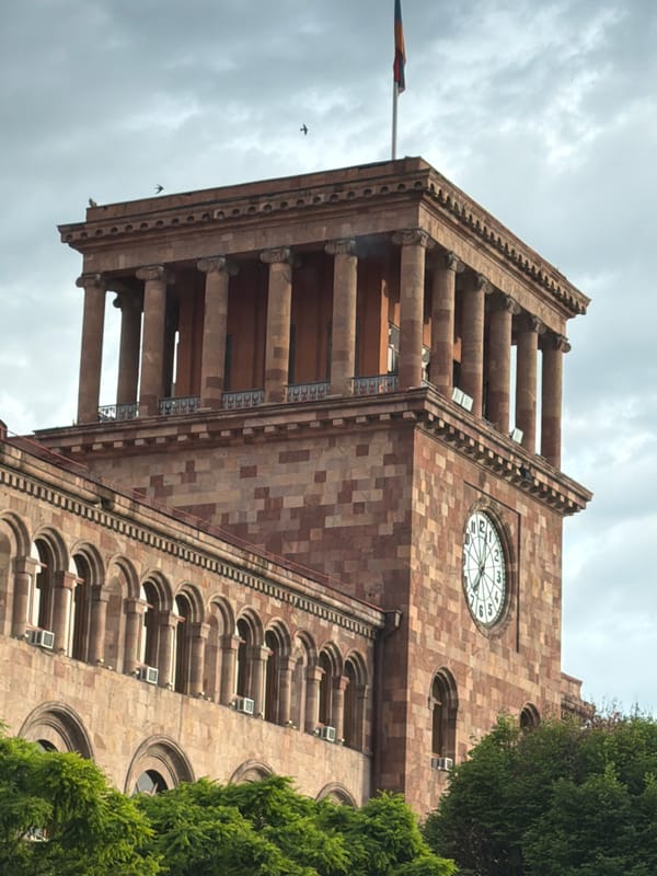 Yerevan City Hall clock tower architecture documented by witness