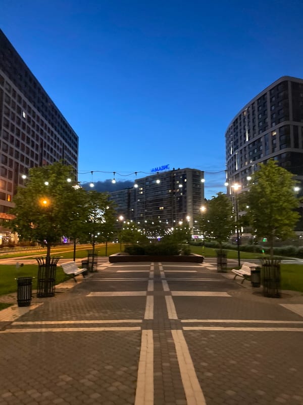 Twilight stroll through Russian urban park with tree-lined walkways