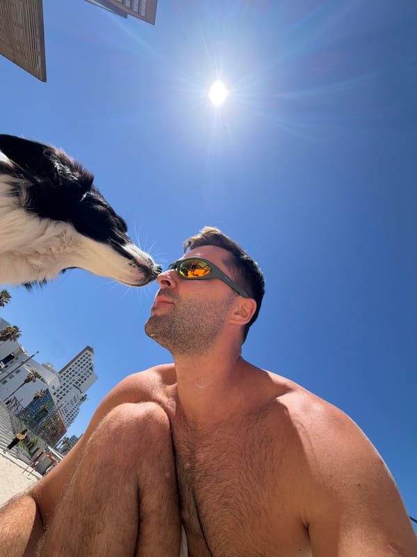 Man enjoys sunny beach day with dog in Tel Aviv