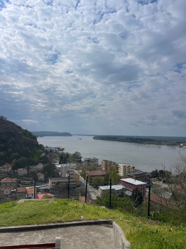 Tourist visits Nikopol with dog, photographs Danube views