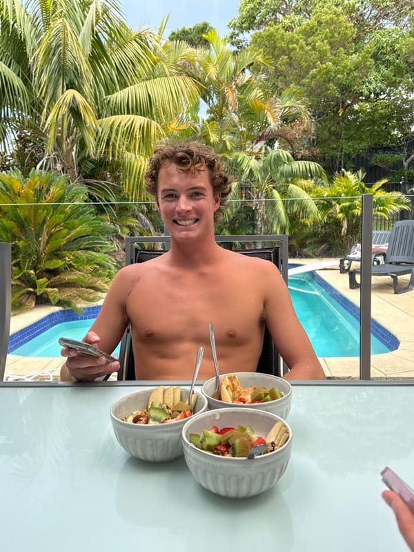 Morning breakfast prep and poolside leisure documented in Bulli