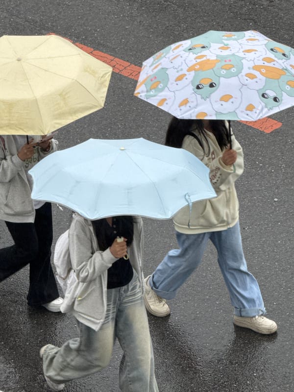 Pedestrians navigate rainy streets with umbrellas in Zhongtun, China