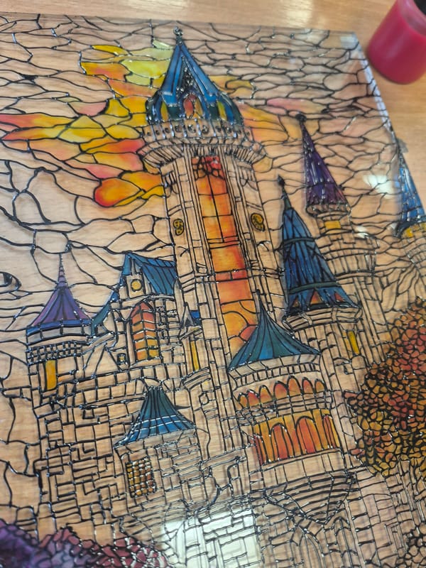 Fantasy glass cityscape artwork spotted in Pavlikeni, Bulgaria