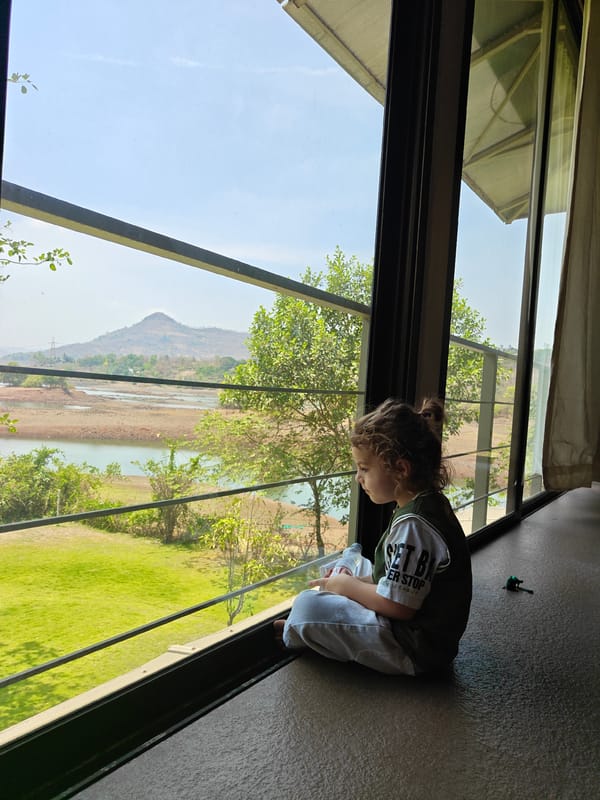 Morning lake view captured through window in Kalote Mokashi