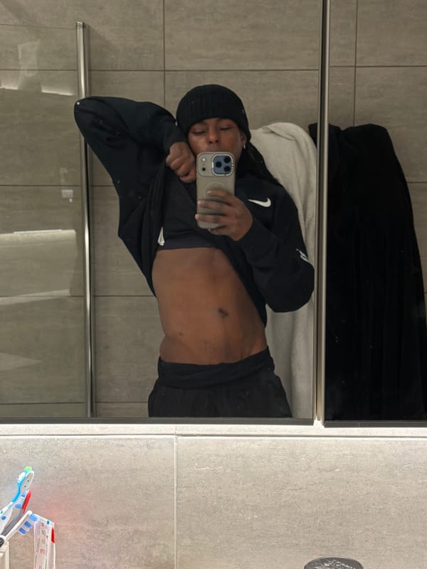 Person takes bathroom mirror selfies in London morning