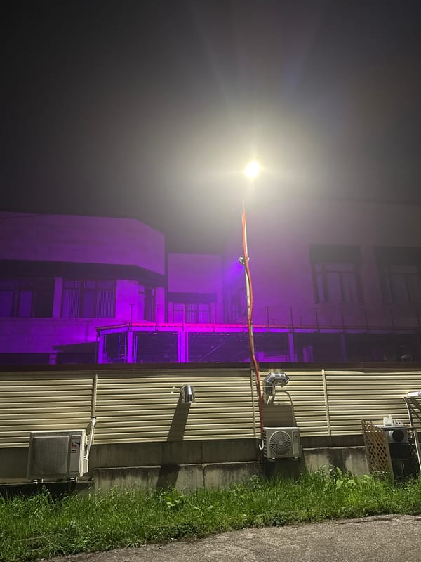Evening gathering with purple-lit building and dining in Trudovets