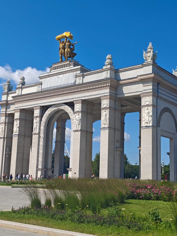 VDNKh's iconic stone entrance arch in Moscow