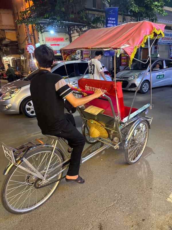 Hanoi street life after dark, pedicabs and poodles