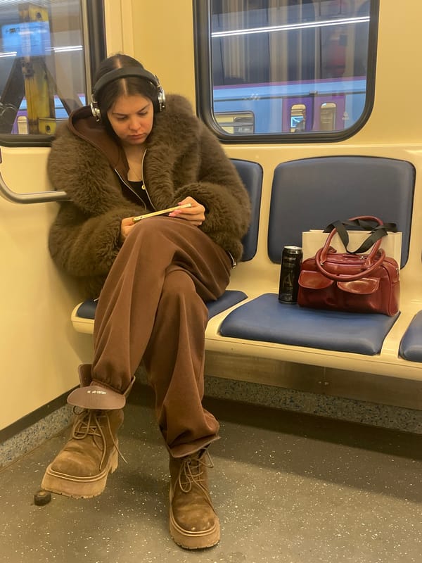 Woman in brown coat rides Moscow train