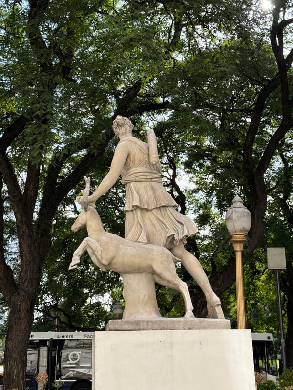 Buenos Aires landmarks documented: Diana statue, ornate gates observed