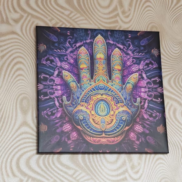 Canvas artwork featuring hand with eye symbol observed on wall