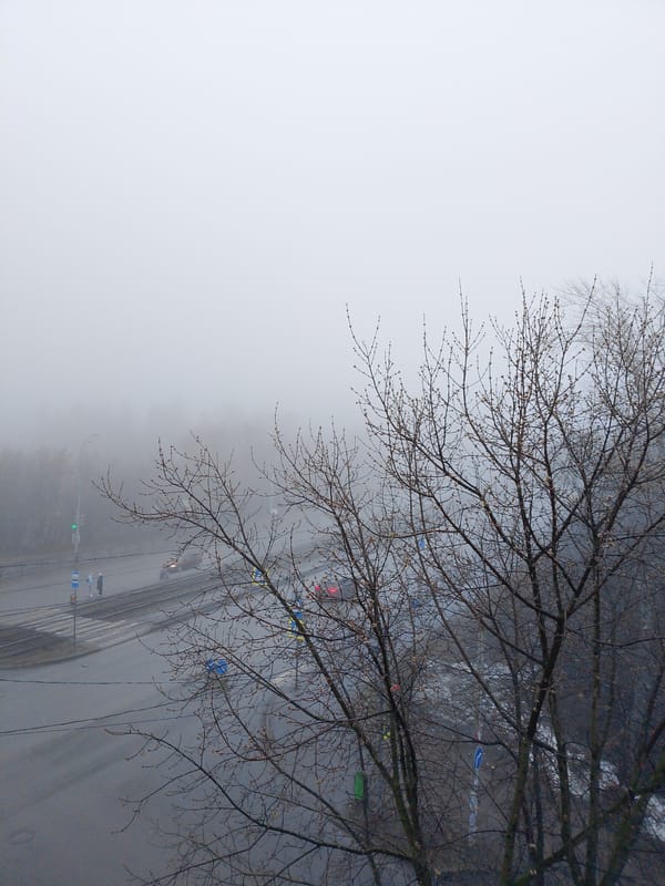 Dense fog envelops Izhevsk streets and wooded areas early morning