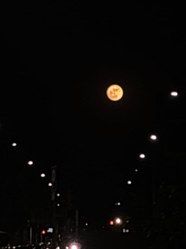 Full moon illuminates Milan streetscape on evening of May 1st
