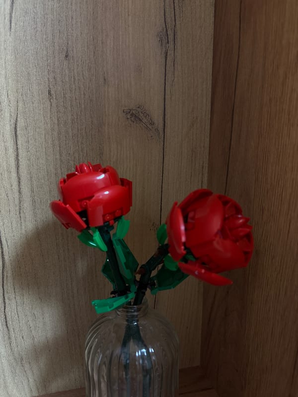 Red LEGO roses displayed in glass vase in Varna