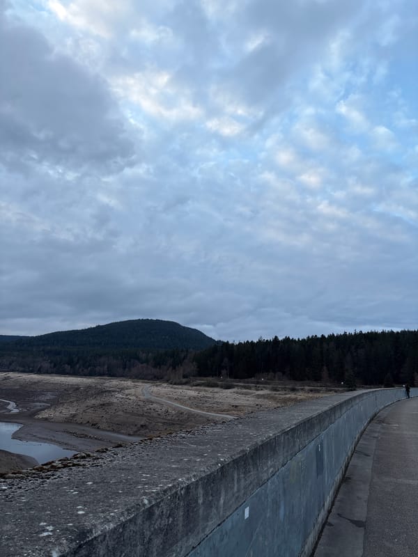 Dam and reservoir documented under cloudy skies near Forbach