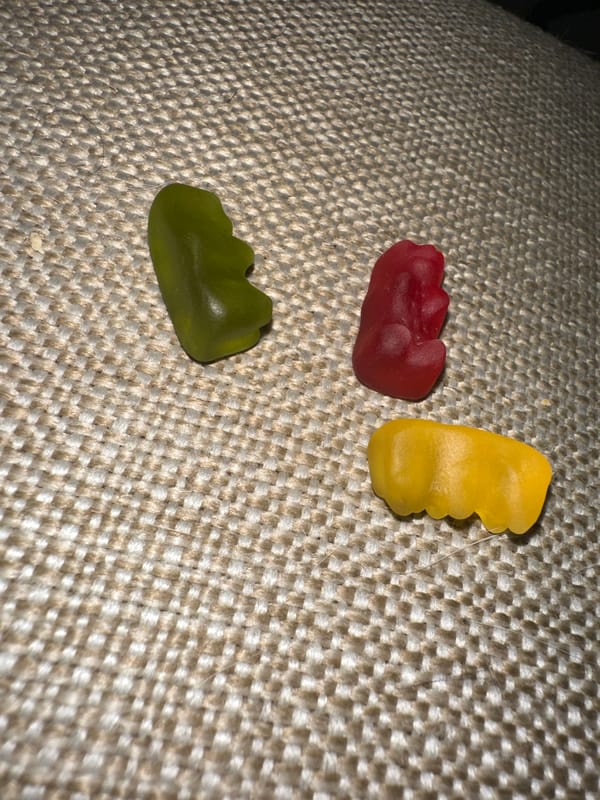Colorful gummy candies spotted on woven surface in Buenos Aires