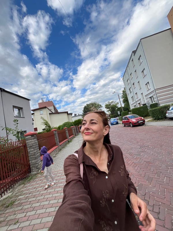 Selfies and street scenes along a neighborhood walk under cloudy skies