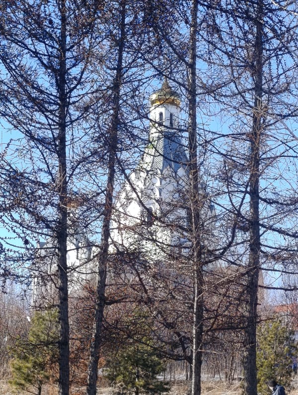 Orthodox cathedral with golden dome photographed in Krasnoyarsk