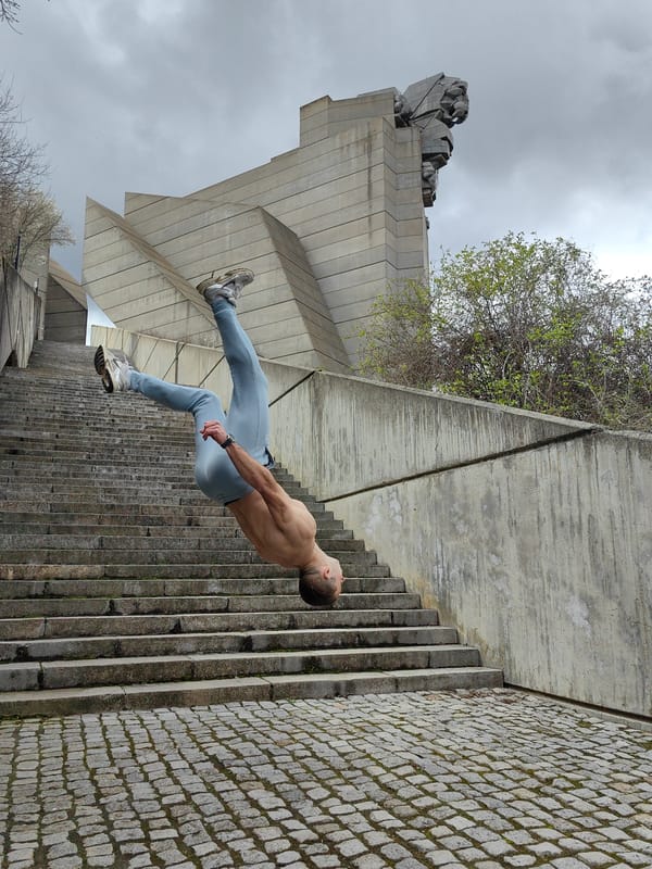 Person walks on edges of Bulgarian monument stairs