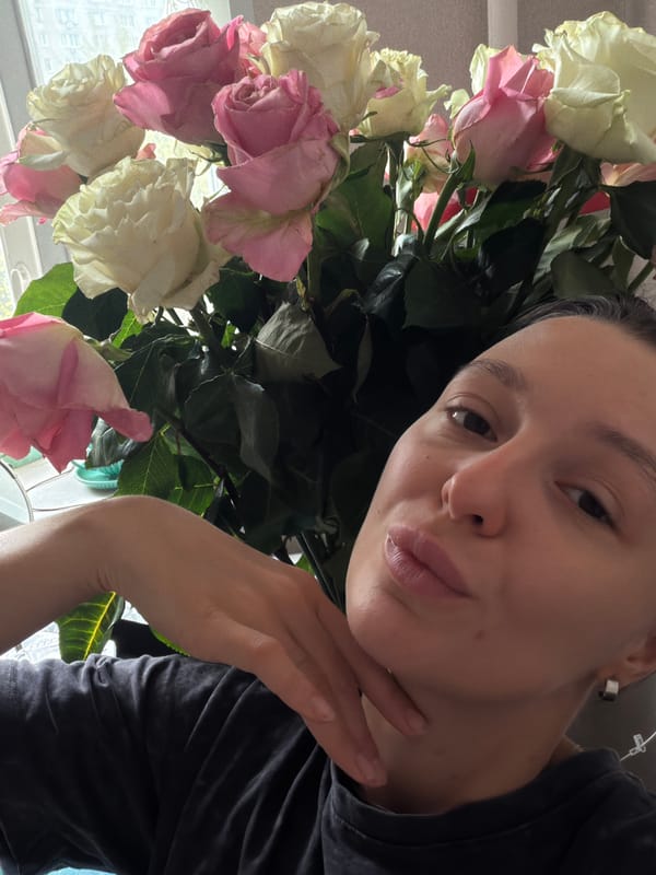 Woman with roses, coffee service observed same location