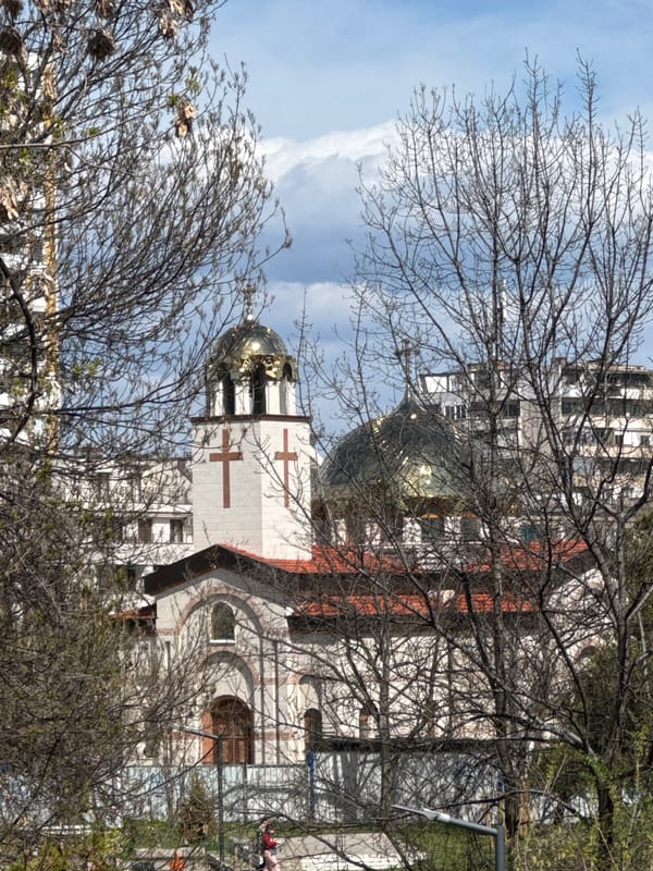 Sofia architecture documented: church, construction site, modern tower