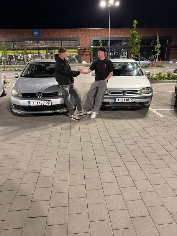 Young men pose on cars in Burgas parking lot