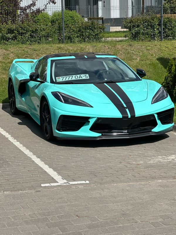 Teal Corvette C8 spotted parked in rural Belarus