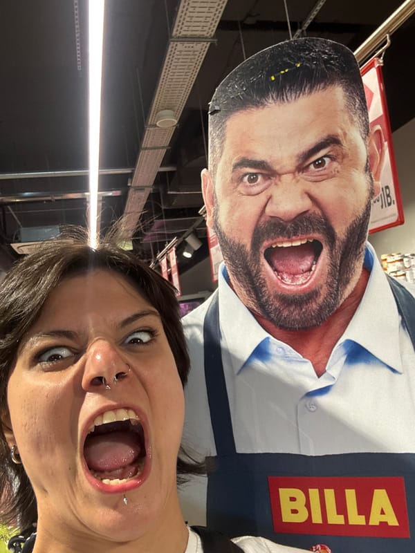 Woman poses with cardboard cutout figure in Sofia