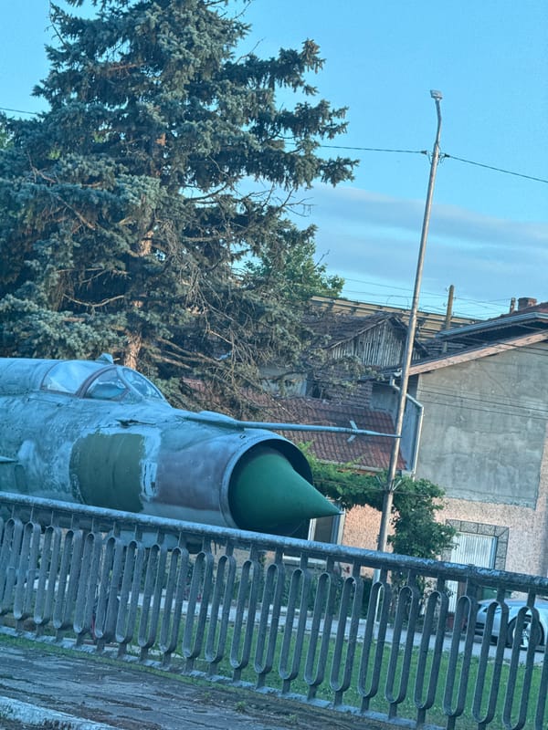 Vintage jet airplane monument on display in Kamenets, Bulgaria