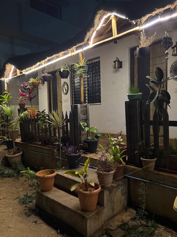 Nighttime courtyard scene captured in Kaddiramapura, India