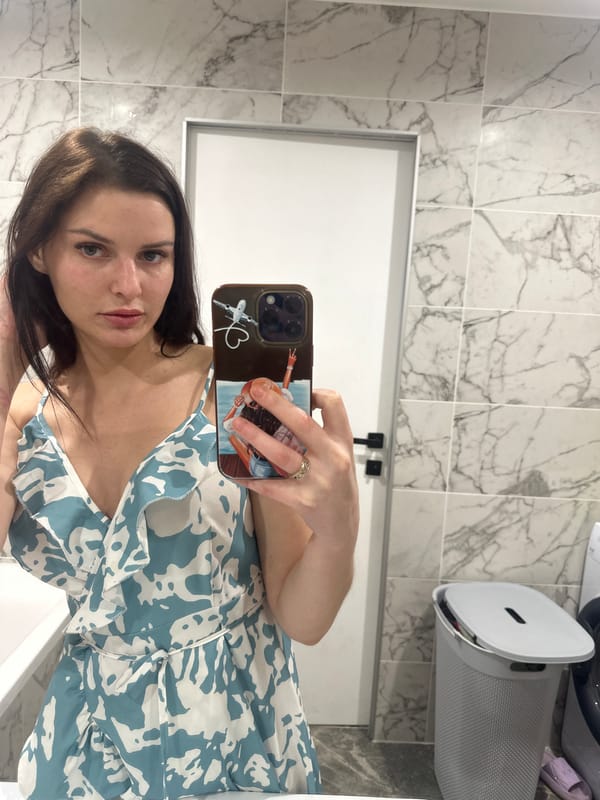 Casual morning in a blue floral dress, indoors and out