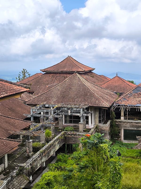 Aerial view captures overgrown abandoned theme park in Indonesia