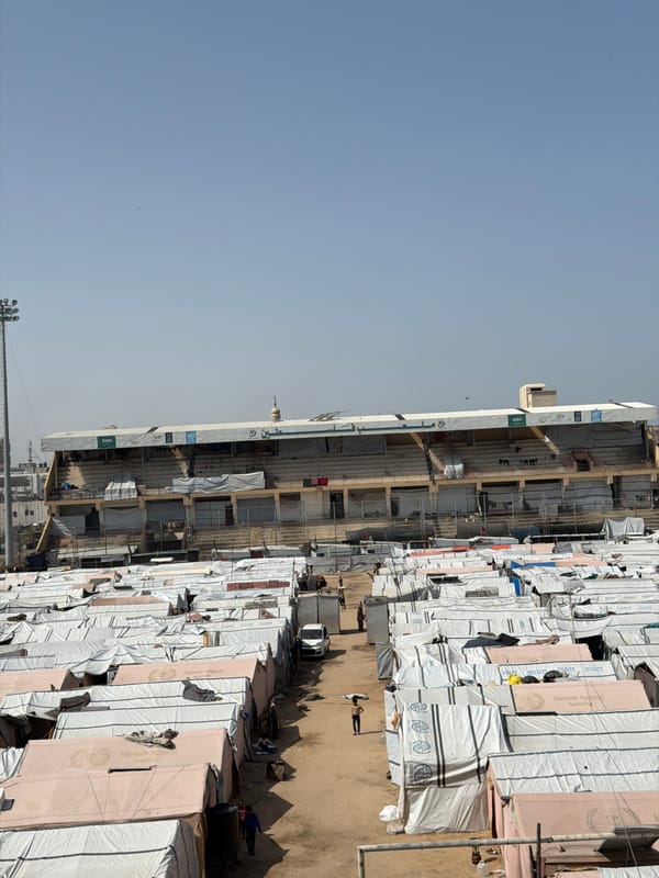 Dense displacement camp documented in Gaza under clear skies