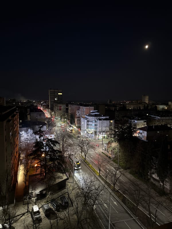 Nighttime cityscape of Stara Zagora captured from elevated viewpoint