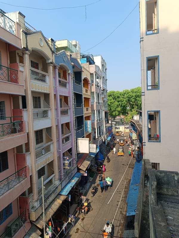 Colorful street buildings documented in Puttaparthi, India