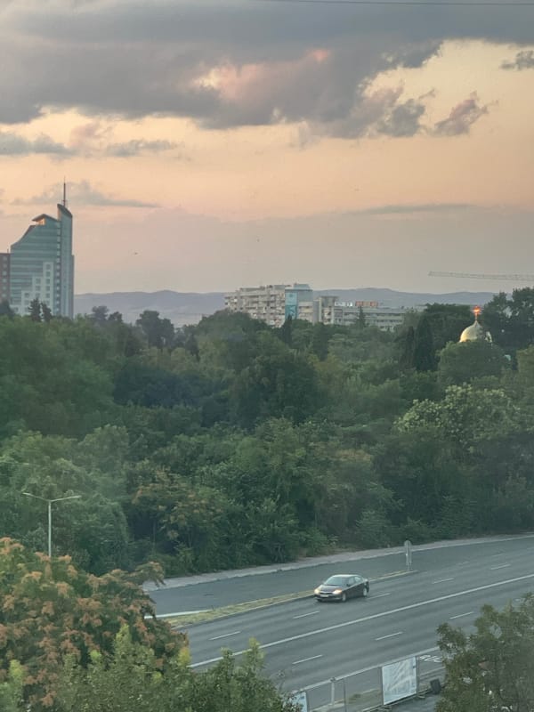 Burgas cityscape at golden hour, shot from above