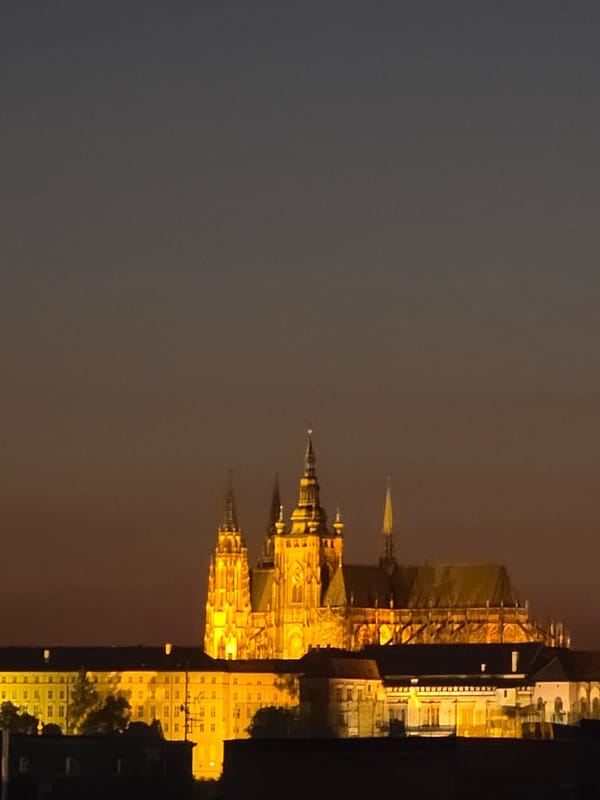 Nighttime cityscape observed with illuminated cathedral, tram, pedestrians