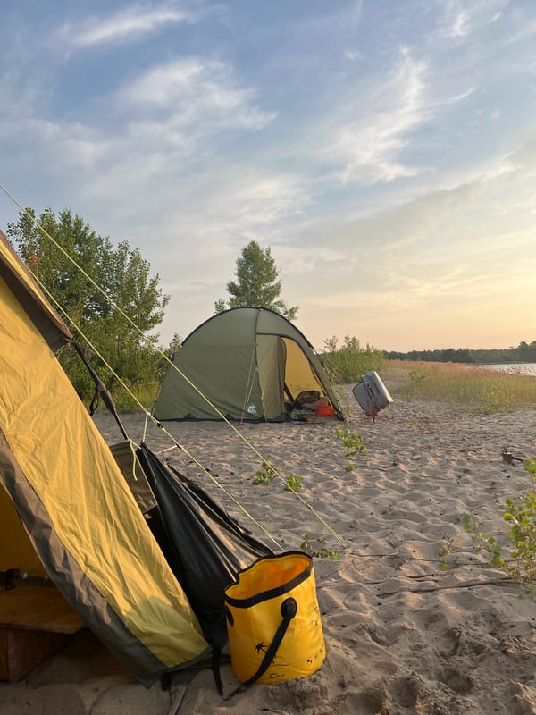 Lakeside camping at sunset, Borovoe, Russia