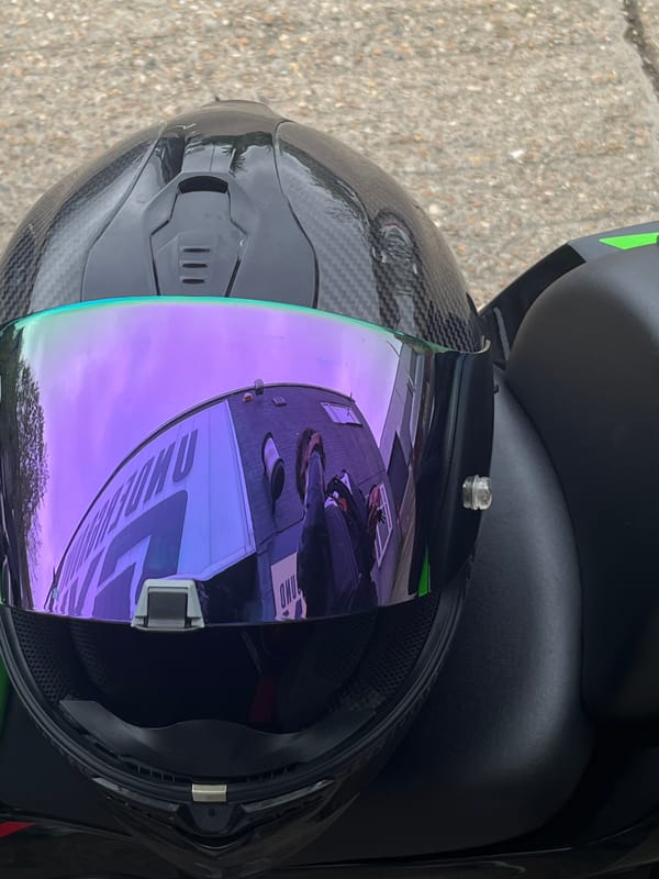 Motorcycle helmet with tinted visor photographed in Tunbridge Wells