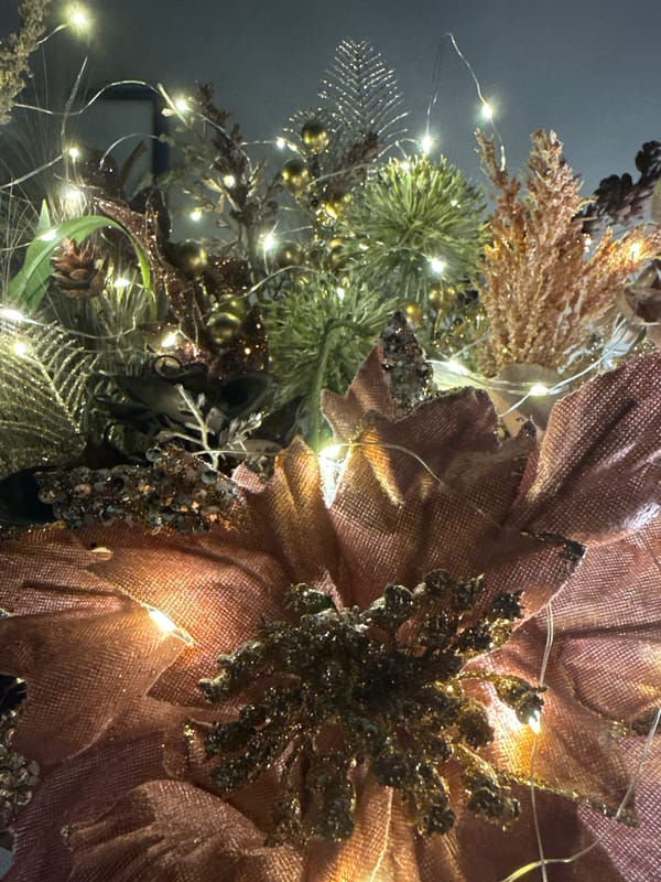 Festive LED-lit decorative arrangement documented in evening photos