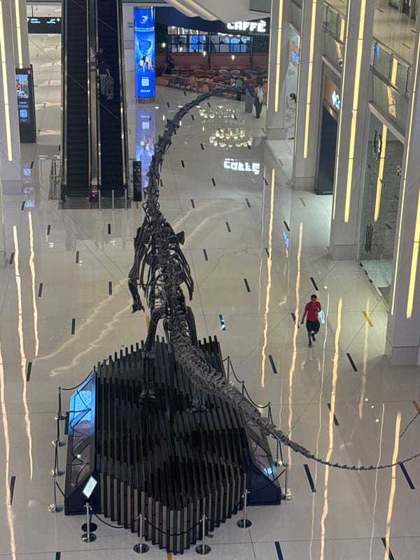 Dinosaur skeleton exhibit draws attention at Dubai Mall atrium