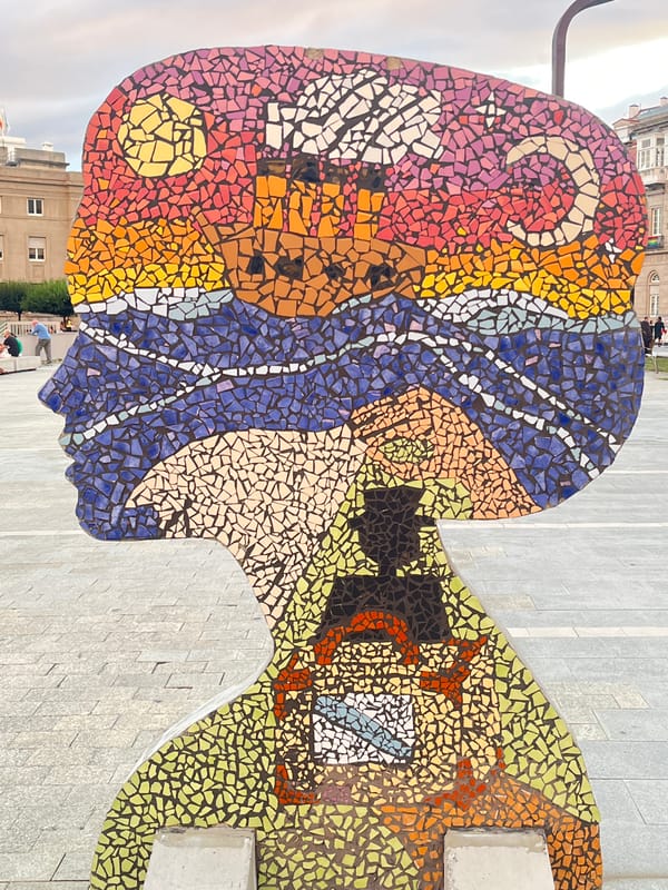 Colorful mosaic sculptures at Plaza de María Pita, A Coruña