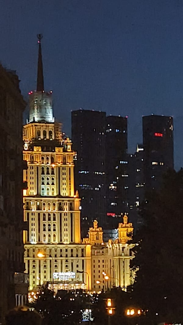 Moscow landmarks after dark: Stalinist towers and modern architecture