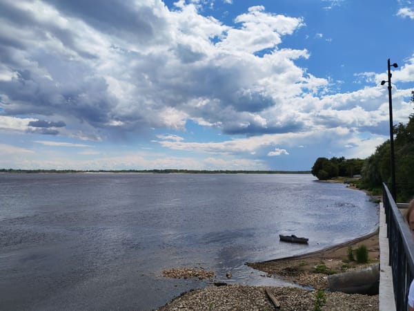 Volga riverbank scenes in Volsk on a cloudy summer morning