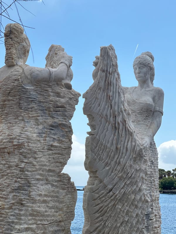 Marble sculpture of three women photographed in Datça, Turkey