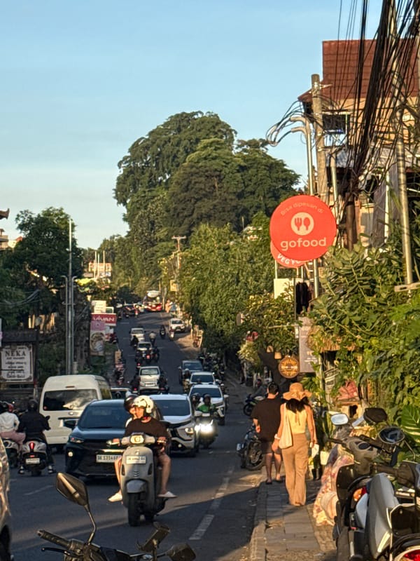 Traffic and temple scenes captured in Ubud District