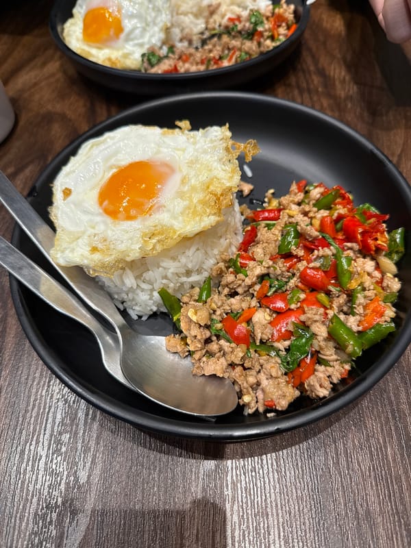 Bangkok breakfast: Thai basil stir-fry captured Wednesday morning