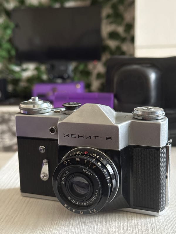 Vintage cameras and breakfast smoothie documented in Russian village