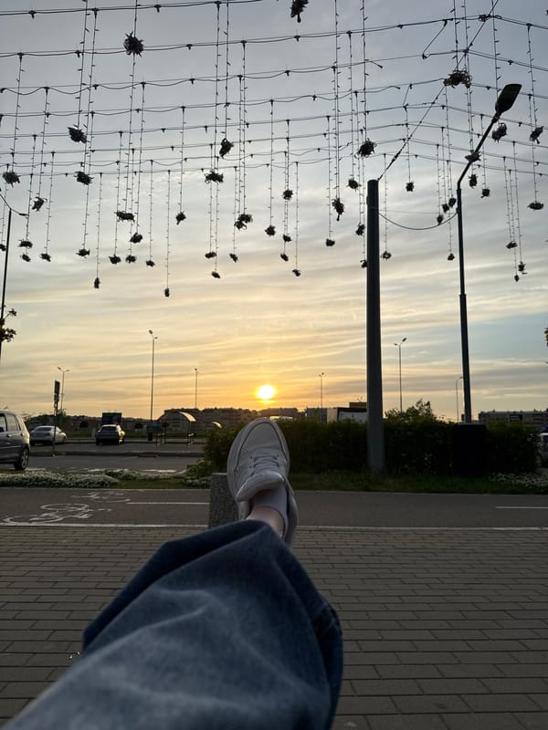 Urban sunset stroll captured through first-person perspective memories