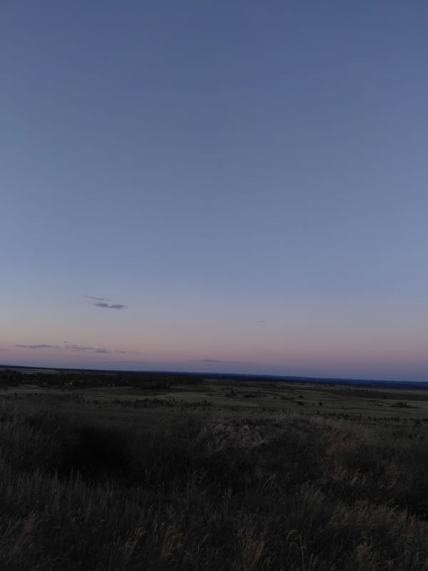 Paragliding launch site at dusk, sunflower fields and twilight sky